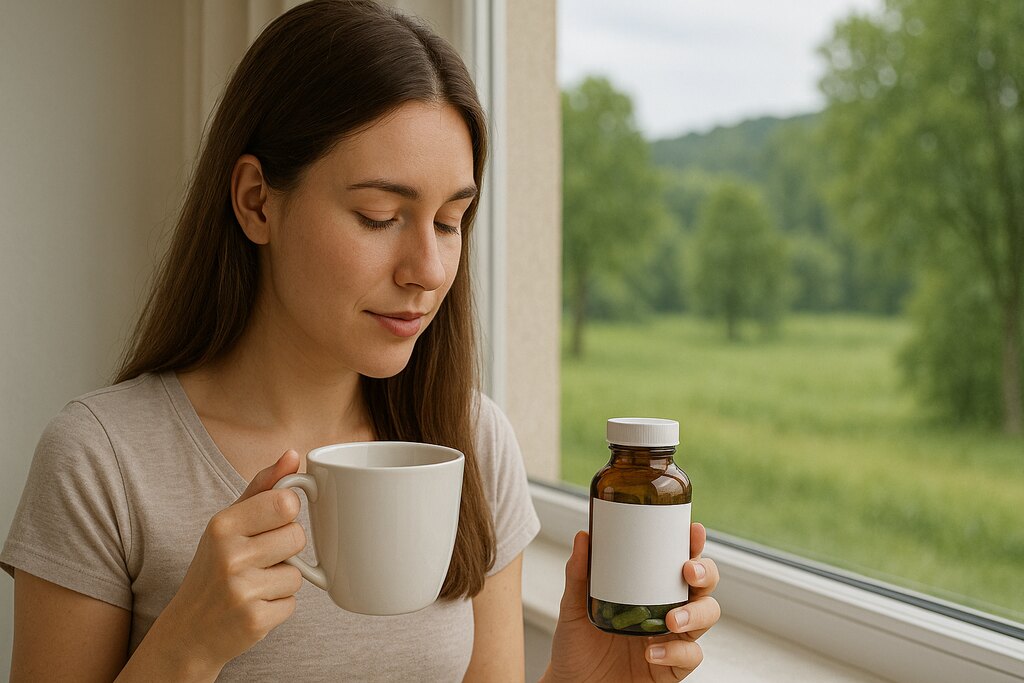 Moça caucasiana segurando uma xícara de chá e olhando para um produto farmaceutico