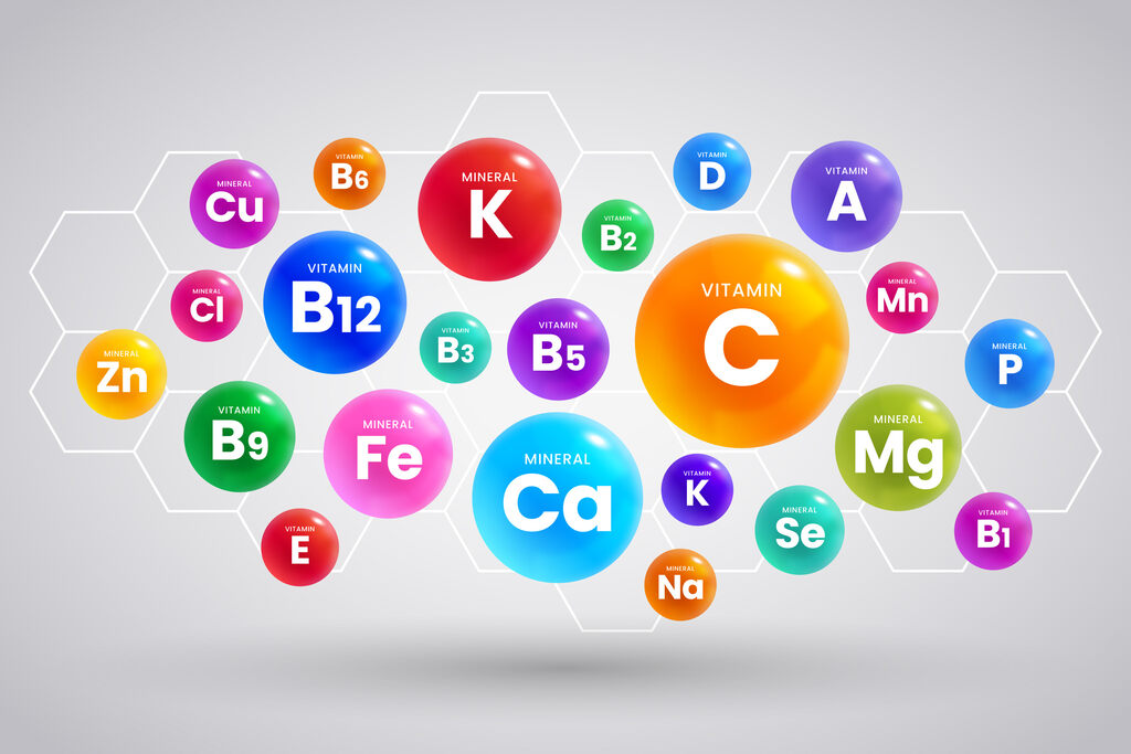 representações gráficas de várias vitaminas em globos coloridos